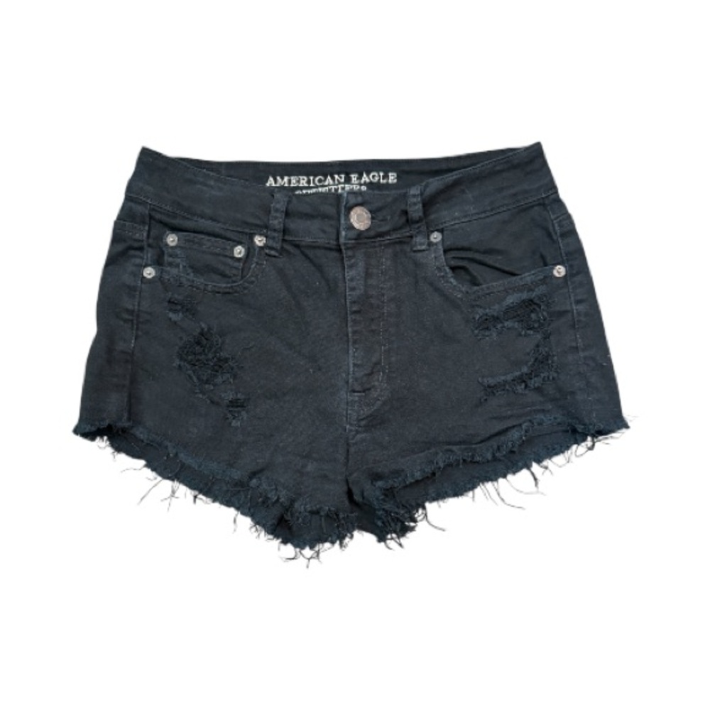 American Eagle Hi-Rise Festival Distressed Black Denim Shorts Size 8